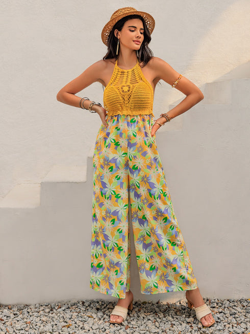 Openwork Halter Neck Floral Wide Leg Jumpsuit - Odaingerous